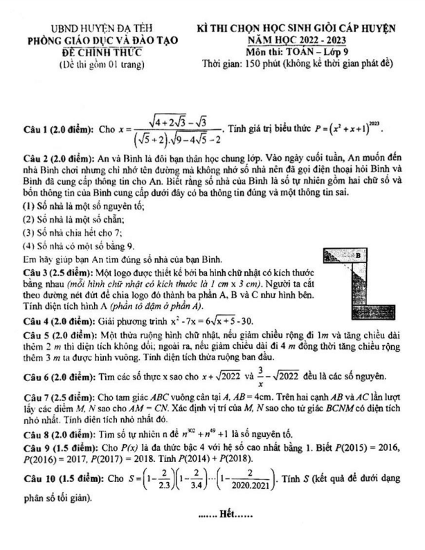 Đề học sinh giỏi huyện lớp 9 môn Toán năm 2022 2023 phòng GD ĐT Đạ Tẻh Lâm Đồng