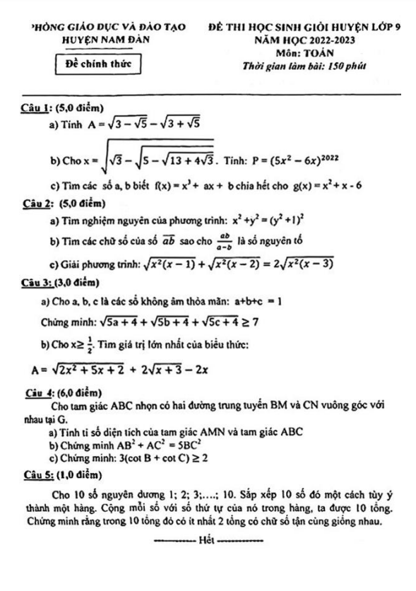 Đề học sinh giỏi huyện lớp 9 môn Toán năm 2022 2023 phòng GD ĐT Nam Đàn Nghệ An
