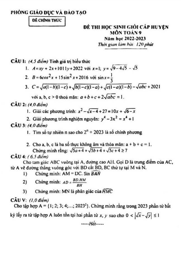 Đề học sinh giỏi huyện lớp 9 môn Toán năm 2022 2023 phòng GD ĐT Thanh Chương Nghệ An