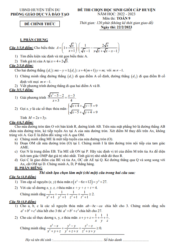 Đề học sinh giỏi huyện lớp 9 môn Toán năm 2022 2023 phòng GD ĐT Tiên Du Bắc Ninh