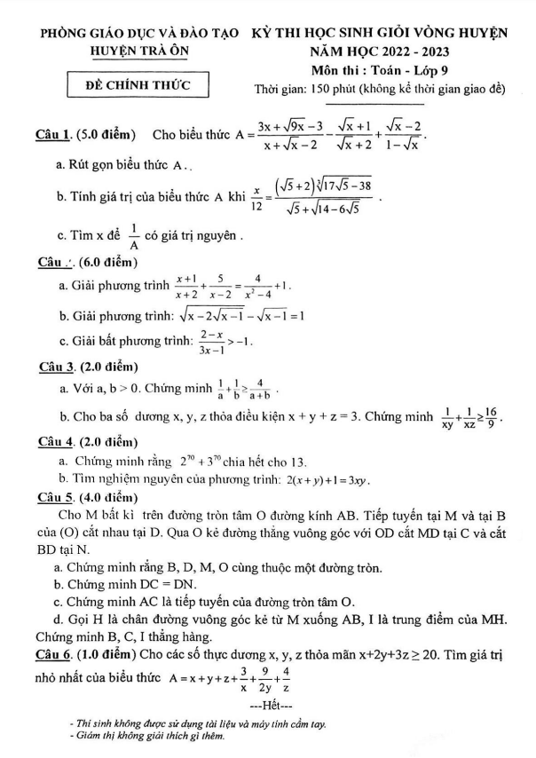 Đề học sinh giỏi huyện lớp 9 môn Toán năm 2022 2023 phòng GD ĐT Trà Ôn Vĩnh Long