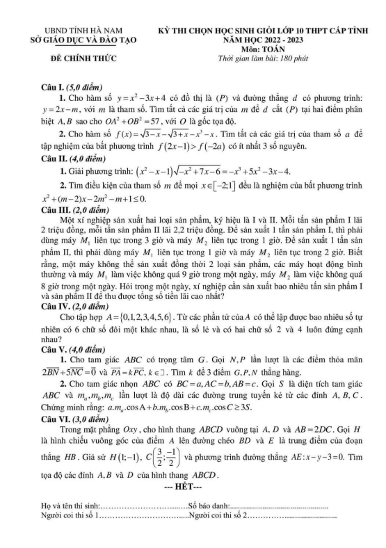 Đề học sinh giỏi lớp 10 môn Toán cấp tỉnh năm 2022 2023 sở GD ĐT Hà Nam