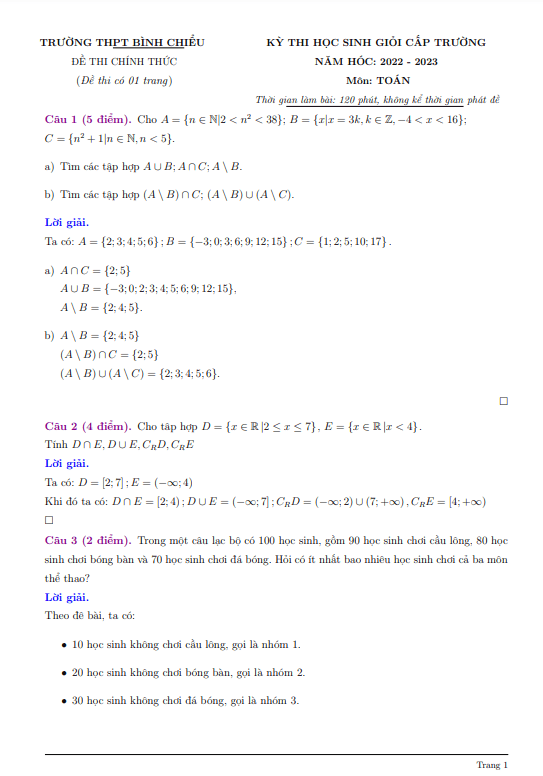 Đề học sinh giỏi lớp 10 môn Toán năm 2022 2023 trường THPT Bình Chiểu TP HCM