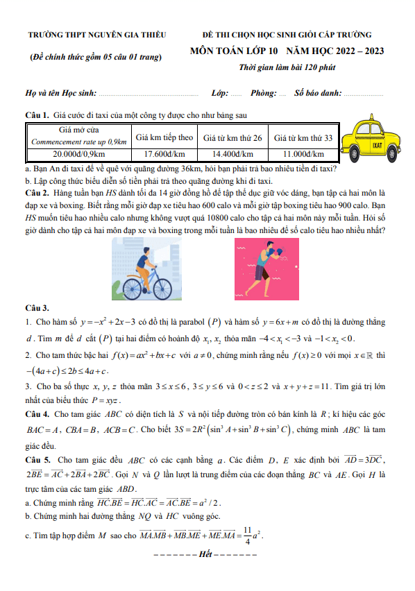 Đề học sinh giỏi lớp 10 môn Toán năm 2022 2023 trường THPT Nguyễn Gia Thiều Hà Nội