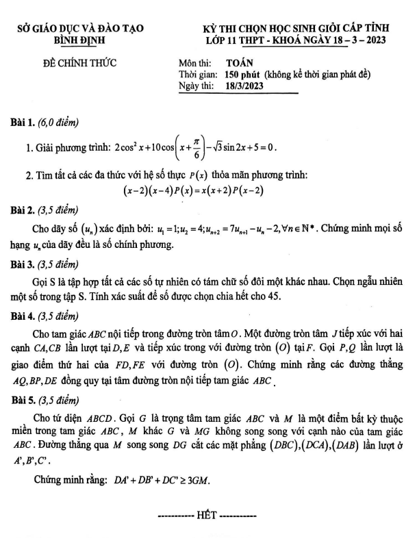 Đề học sinh giỏi lớp 11 môn Toán cấp tỉnh năm 2022 2023 sở GD ĐT Bình Định