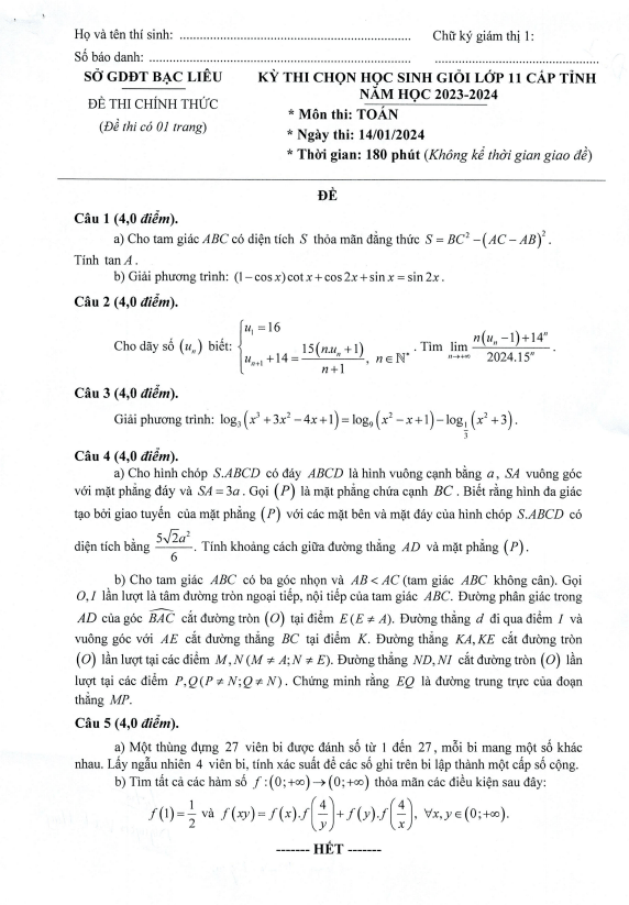 Đề học sinh giỏi lớp 11 môn Toán cấp tỉnh năm 2023 2024 sở GD ĐT Bạc Liêu