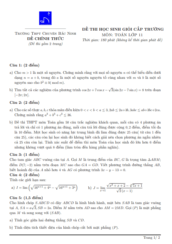 Đề học sinh giỏi lớp 11 môn Toán năm 2021 2022 trường THPT chuyên Bắc Ninh