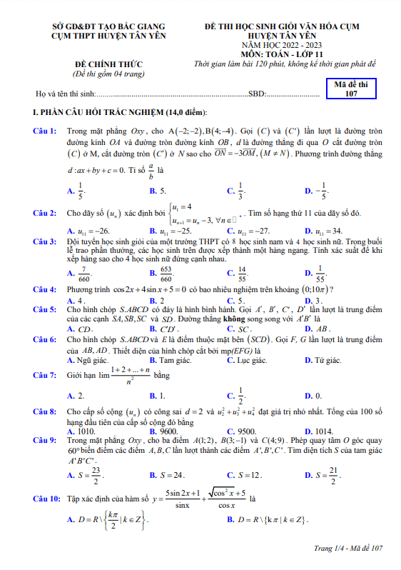 Đề học sinh giỏi lớp 11 môn Toán năm 2022 2023 cụm Tân Yên Bắc Giang