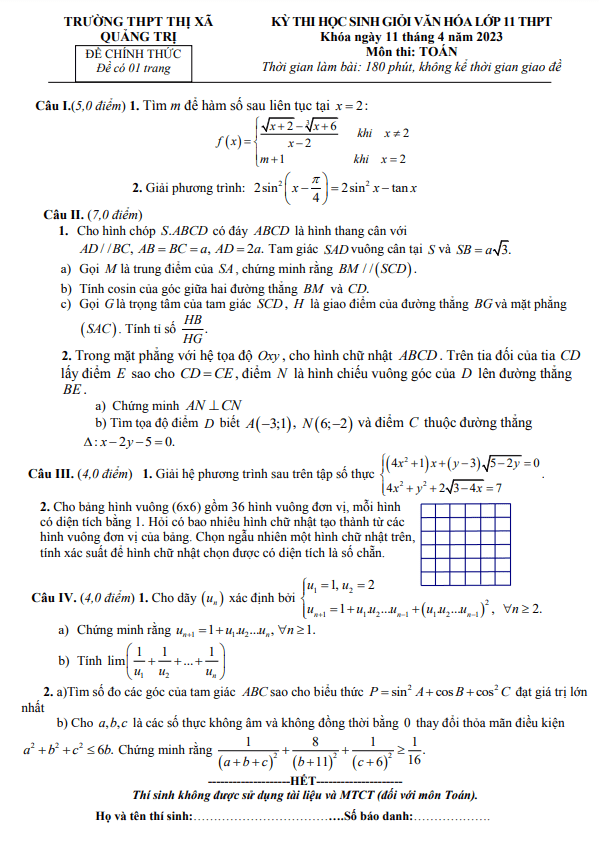 Đề học sinh giỏi lớp 11 môn Toán năm 2022 2023 trường THPT Thị xã Quảng Trị