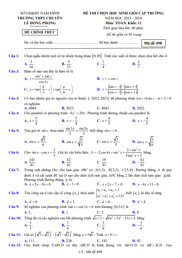Đề học sinh giỏi lớp 11 môn Toán năm 2023 2024 trường chuyên Lê Hồng Phong Nam Định