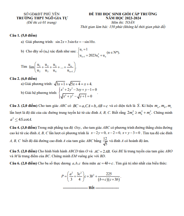 Đề học sinh giỏi lớp 11 môn Toán năm 2023 2024 trường THPT Ngô Gia Tự Phú Yên
