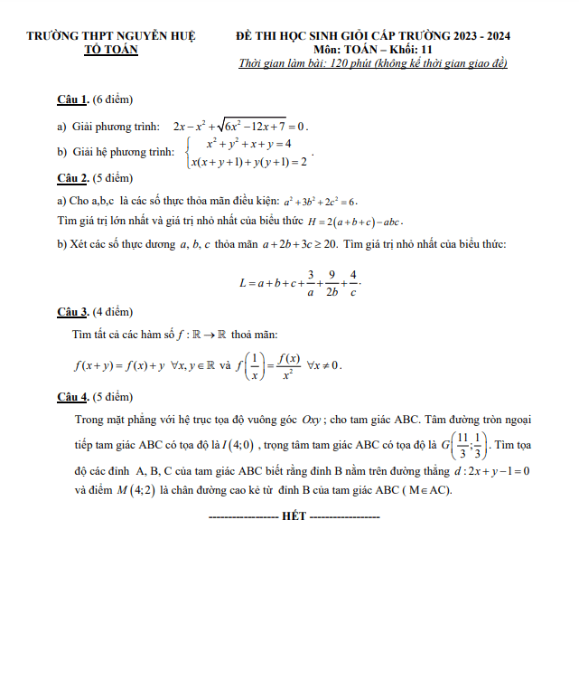 Đề học sinh giỏi lớp 11 môn Toán năm 2023 2024 trường THPT Nguyễn Huệ Phú Yên