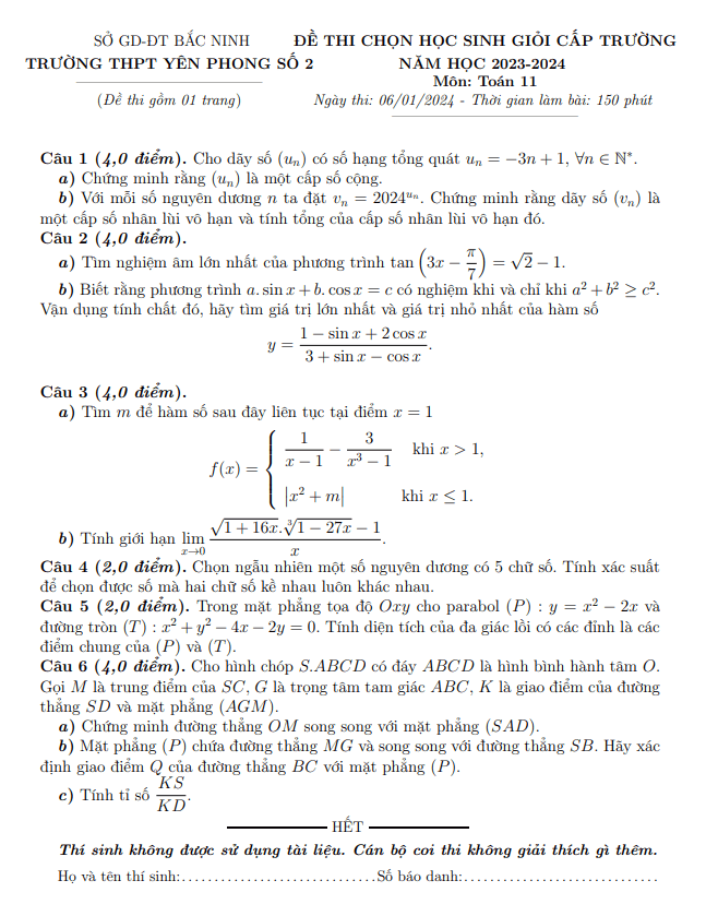Đề học sinh giỏi lớp 11 môn Toán năm 2023 2024 trường THPT Yên Phong 2 Bắc Ninh