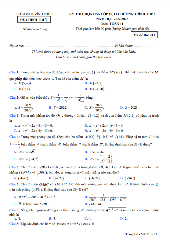 Đề học sinh giỏi lớp 11 môn Toán THPT năm 2022 2023 sở GD ĐT Vĩnh Phúc