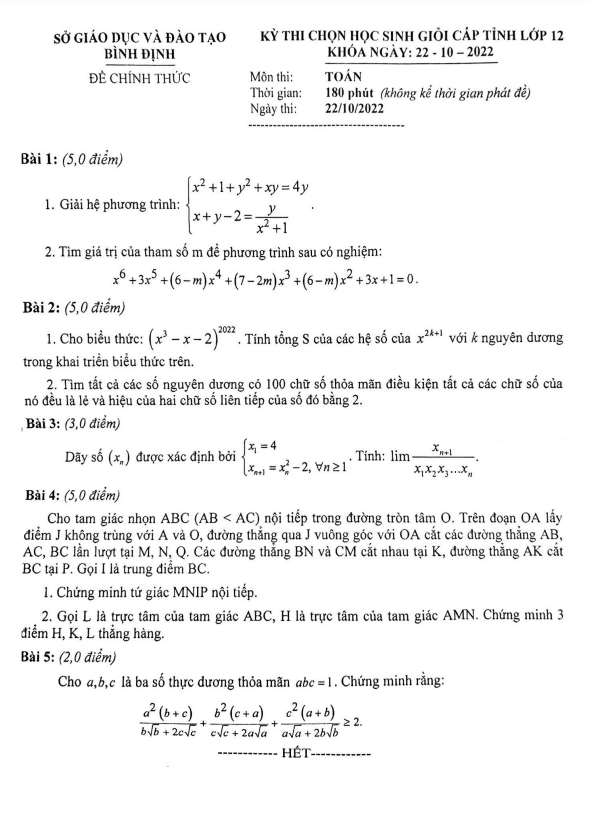 Đề học sinh giỏi lớp 12 môn Toán cấp tỉnh năm 2022 2023 sở GD ĐT Bình Định