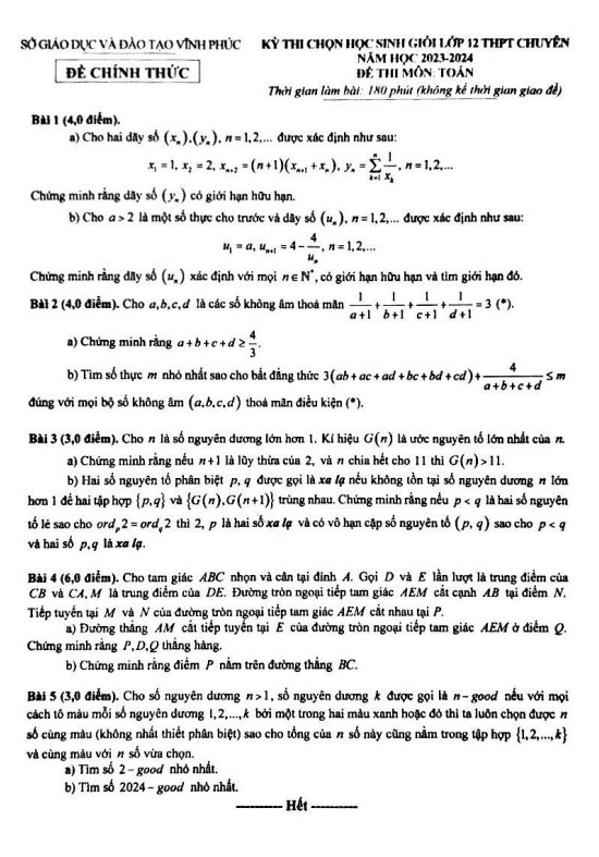 Đề học sinh giỏi lớp 12 môn Toán chuyên năm 2023 2024 sở GD ĐT Vĩnh Phúc