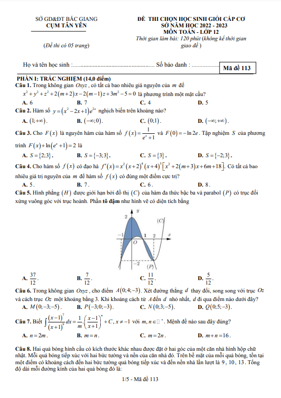 Đề học sinh giỏi lớp 12 môn Toán năm 2022 2023 cụm Tân Yên Bắc Giang