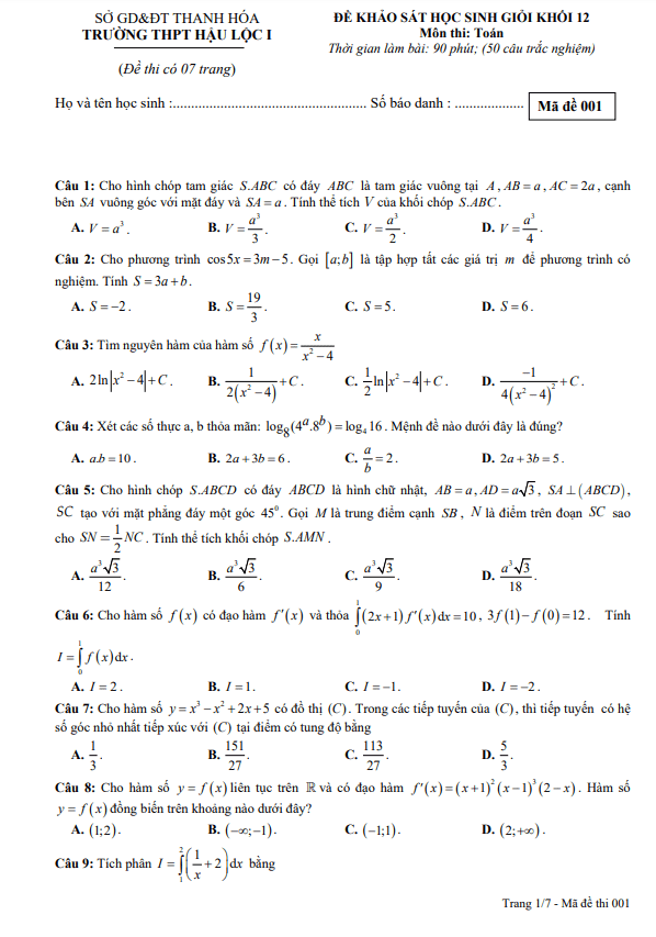 Đề học sinh giỏi lớp 12 môn Toán năm 2022 2023 trường THPT Hậu Lộc 1 Thanh Hóa