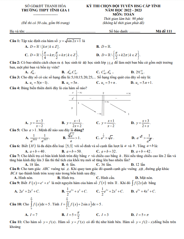 Đề học sinh giỏi lớp 12 môn Toán năm 2022 2023 trường THPT Tĩnh Gia 1 Thanh Hóa
