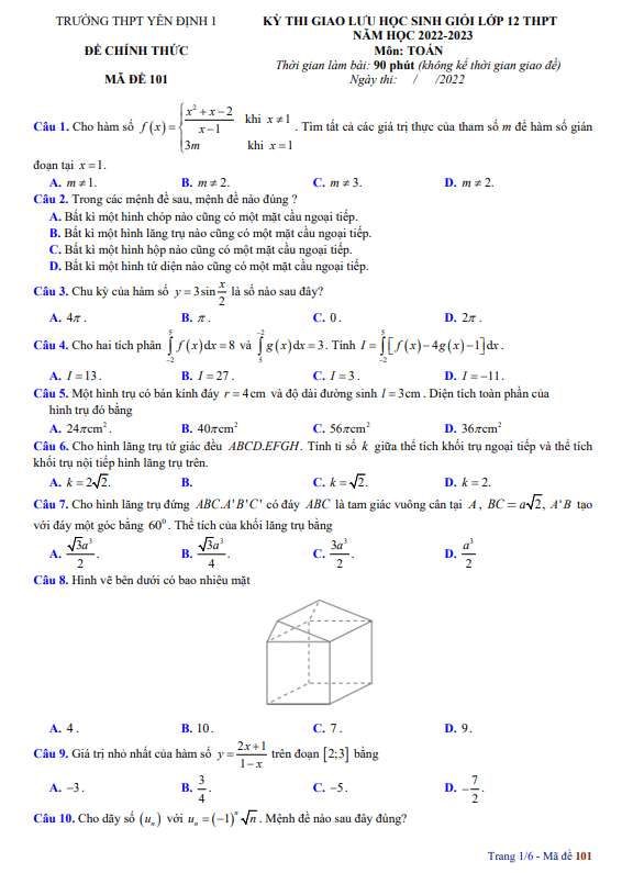 Đề học sinh giỏi lớp 12 môn Toán năm 2022 2023 trường THPT Yên Định 1 Thanh Hóa
