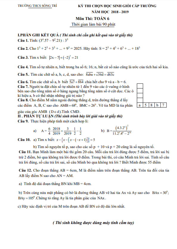 Đề học sinh giỏi lớp 6 môn Toán cấp trường năm 2018 2019 trường THCS Sông Trí Hà Tĩnh