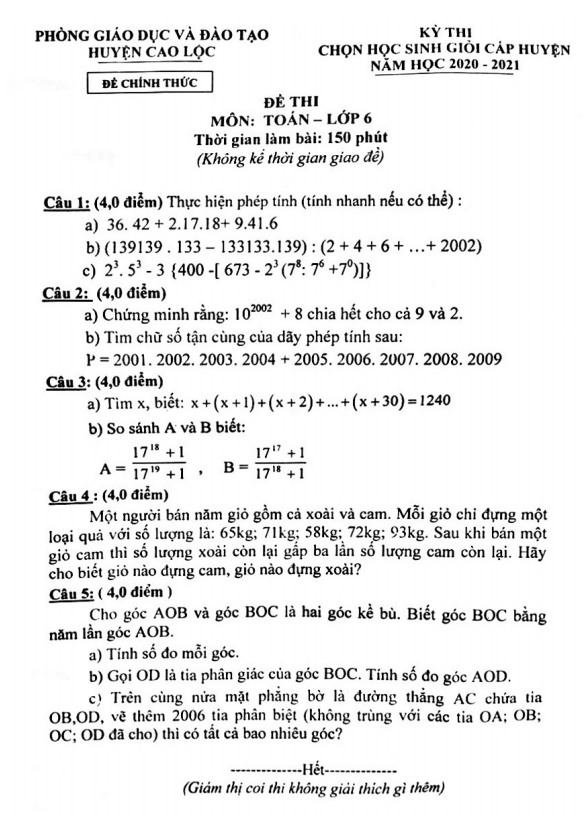 Đề học sinh giỏi lớp 6 môn Toán năm 2020 2021 phòng GD ĐT Cao Lộc Lạng Sơn