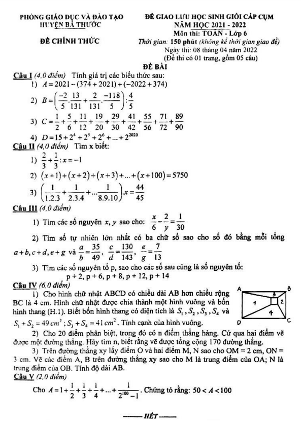 Đề học sinh giỏi lớp 6 môn Toán năm 2021 2022 phòng GD ĐT Bá Thước Thanh Hoá