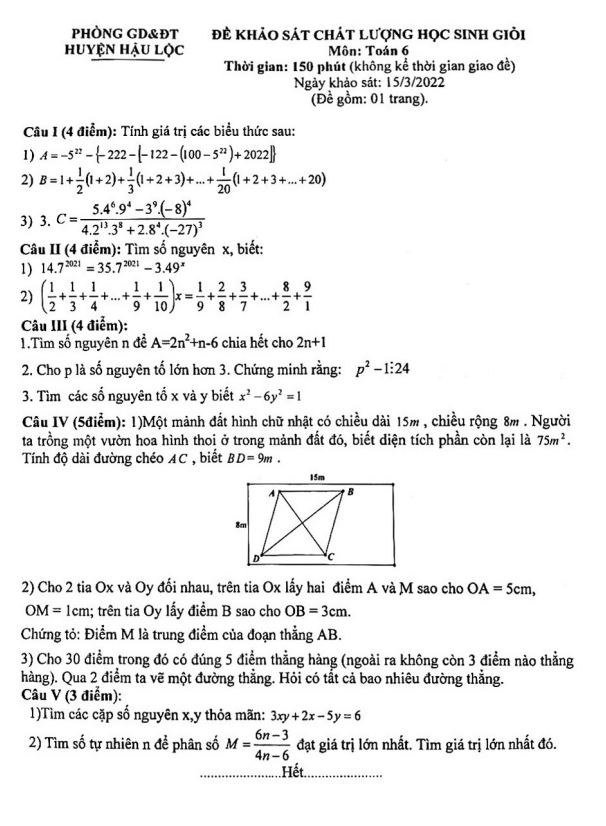Đề học sinh giỏi lớp 6 môn Toán năm 2021 2022 phòng GD ĐT Hậu Lộc Thanh Hóa