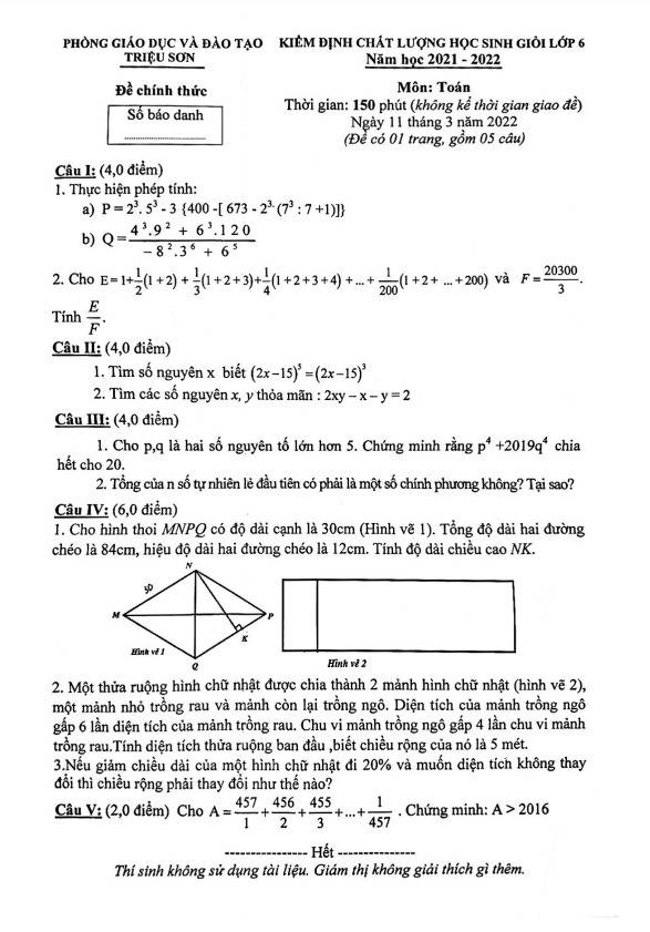Đề học sinh giỏi lớp 6 môn Toán năm 2021 2022 phòng GD ĐT Triệu Sơn Thanh Hóa