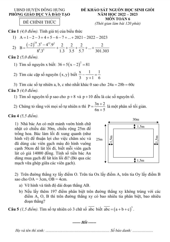 Đề học sinh giỏi lớp 6 môn Toán năm 2022 2023 phòng GD ĐT Đông Hưng Thái Bình