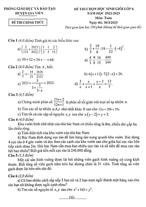 Đề học sinh giỏi lớp 6 môn Toán năm 2022 2023 phòng GD ĐT Gia Viễn Ninh Bình