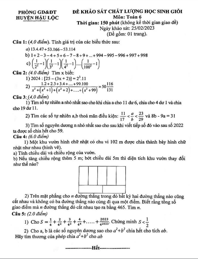 Đề học sinh giỏi lớp 6 môn Toán năm 2022 2023 phòng GD ĐT Hậu Lộc Thanh Hóa