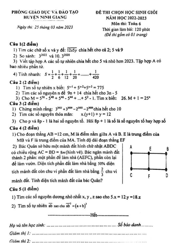 Đề học sinh giỏi lớp 6 môn Toán năm 2022 2023 phòng GD ĐT Ninh Giang Hải Dương
