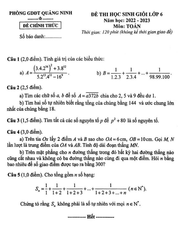 Đề học sinh giỏi lớp 6 môn Toán năm 2022 2023 phòng GD ĐT Quảng Ninh Quảng Bình