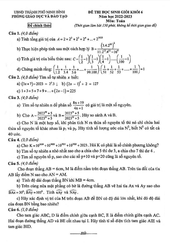 Đề học sinh giỏi lớp 6 môn Toán năm 2022 2023 phòng GD ĐT thành phố Ninh Bình