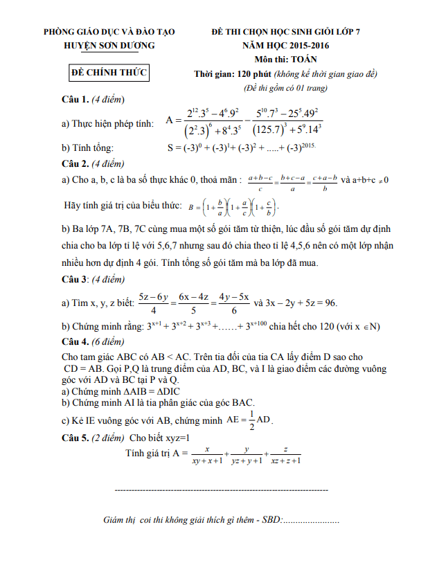 Đề học sinh giỏi lớp 7 môn Toán năm 2015 2016 phòng GD ĐT Sơn Dương Tuyên Quang