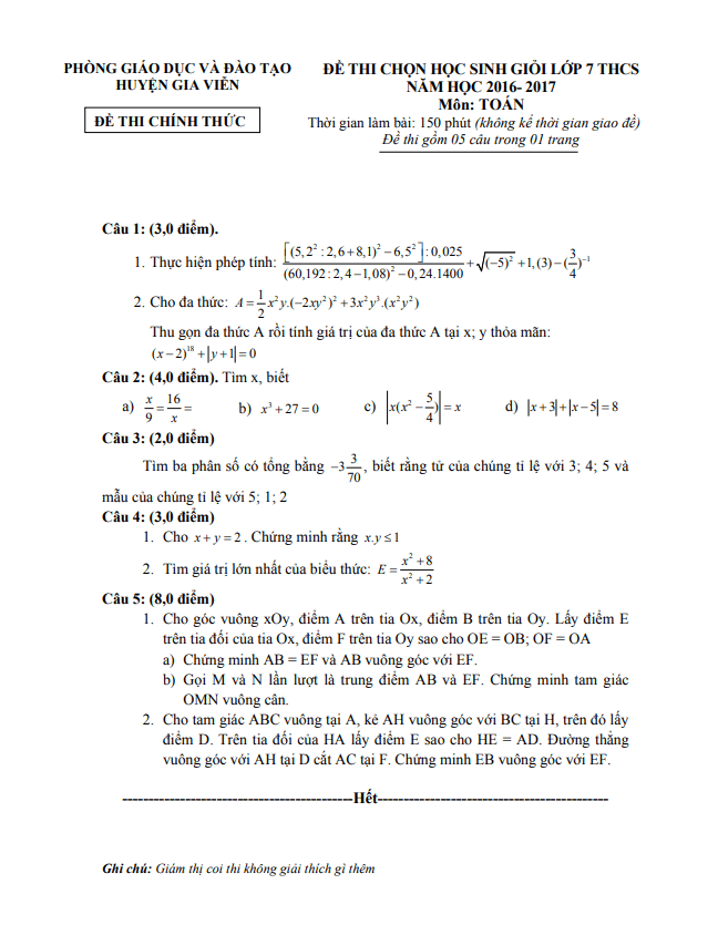 Đề học sinh giỏi lớp 7 môn Toán năm 2016 2017 phòng GD ĐT Gia Viễn Ninh Bình
