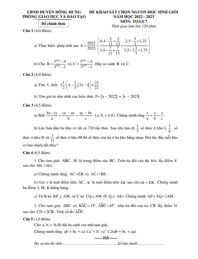 Đề học sinh giỏi lớp 7 môn Toán năm 2022 2023 phòng GD ĐT Đông Hưng Thái Bình