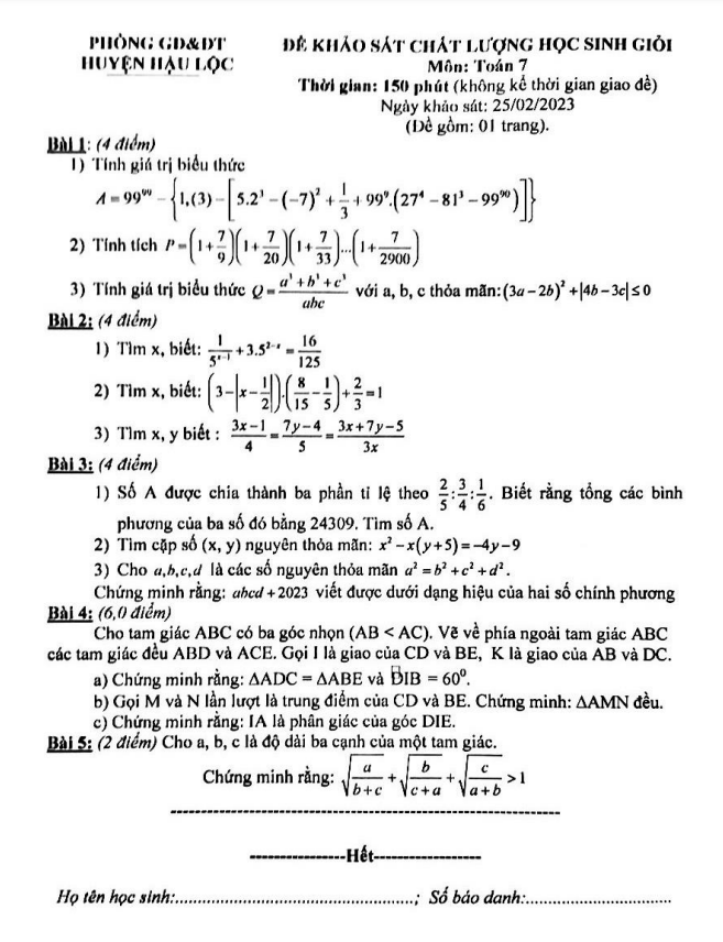 Đề học sinh giỏi lớp 7 môn Toán năm 2022 2023 phòng GD ĐT Hậu Lộc Thanh Hóa