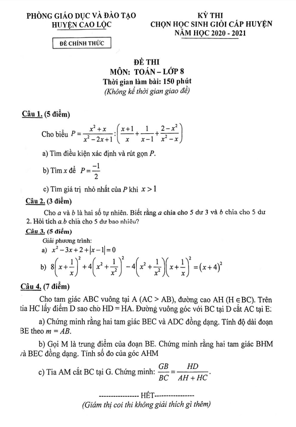 Đề học sinh giỏi lớp 8 môn Toán năm 2020 2021 phòng GD ĐT Cao Lộc Lạng Sơn