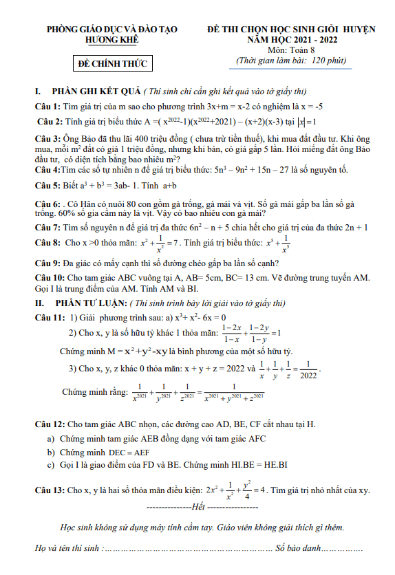 Đề học sinh giỏi lớp 8 môn Toán năm 2021 2022 phòng GD ĐT Hương Khê Hà Tĩnh