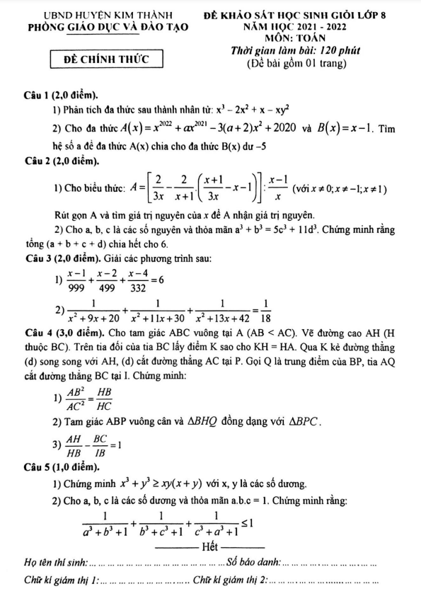 Đề học sinh giỏi lớp 8 môn Toán năm 2021 2022 phòng GD ĐT Kim Thành Hải Dương