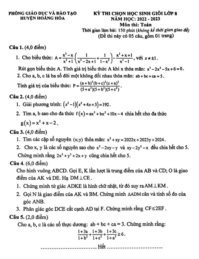 Đề học sinh giỏi lớp 8 môn Toán năm 2022 2023 phòng GD ĐT Hoằng Hóa Thanh Hóa