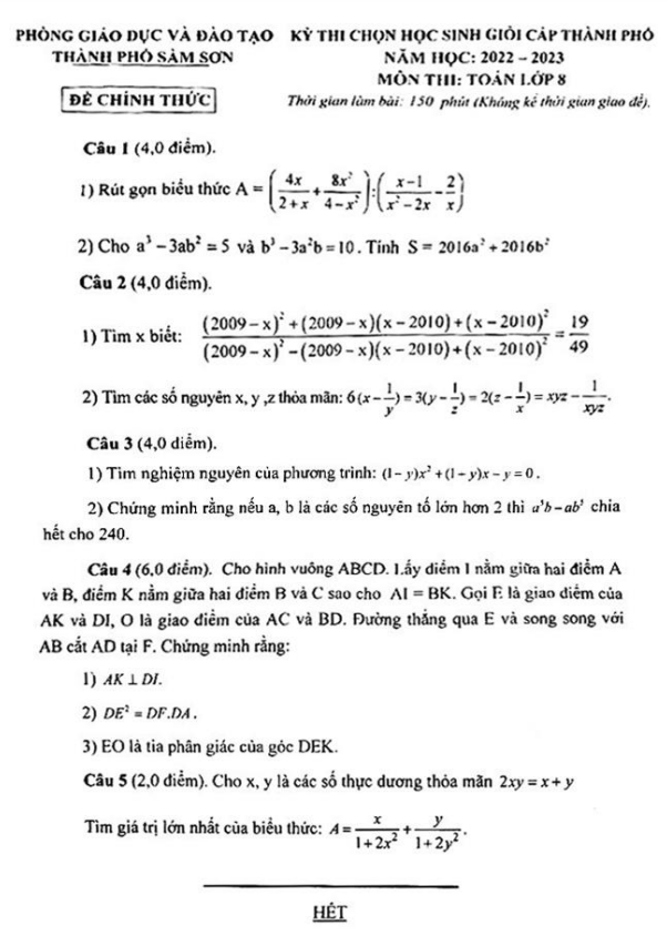 Đề học sinh giỏi lớp 8 môn Toán năm 2022 2023 phòng GD ĐT Sầm Sơn Thanh Hóa