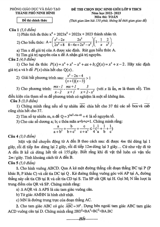 Đề học sinh giỏi lớp 8 môn Toán năm 2022 2023 phòng GD ĐT thành phố Ninh Bình