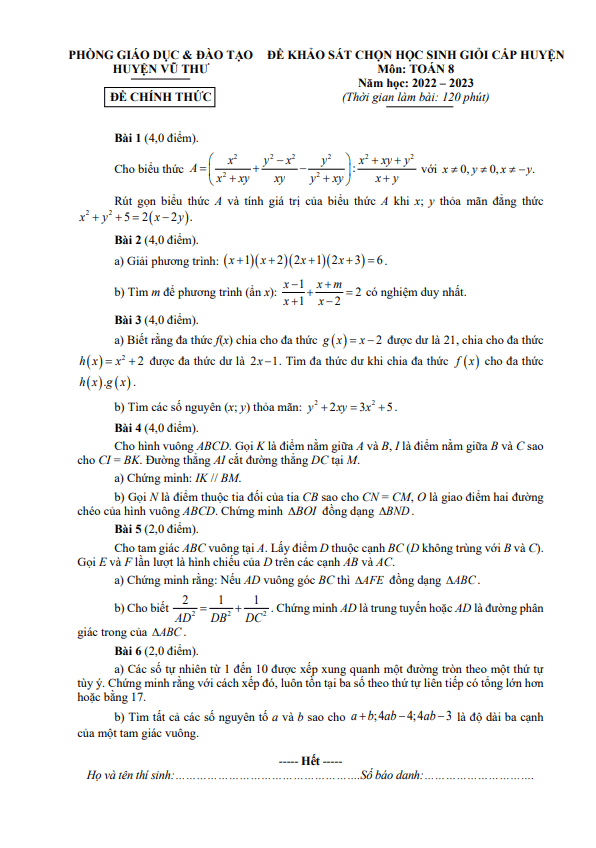 Đề học sinh giỏi lớp 8 môn Toán năm 2022 2023 phòng GD ĐT Vũ Thư Thái Bình