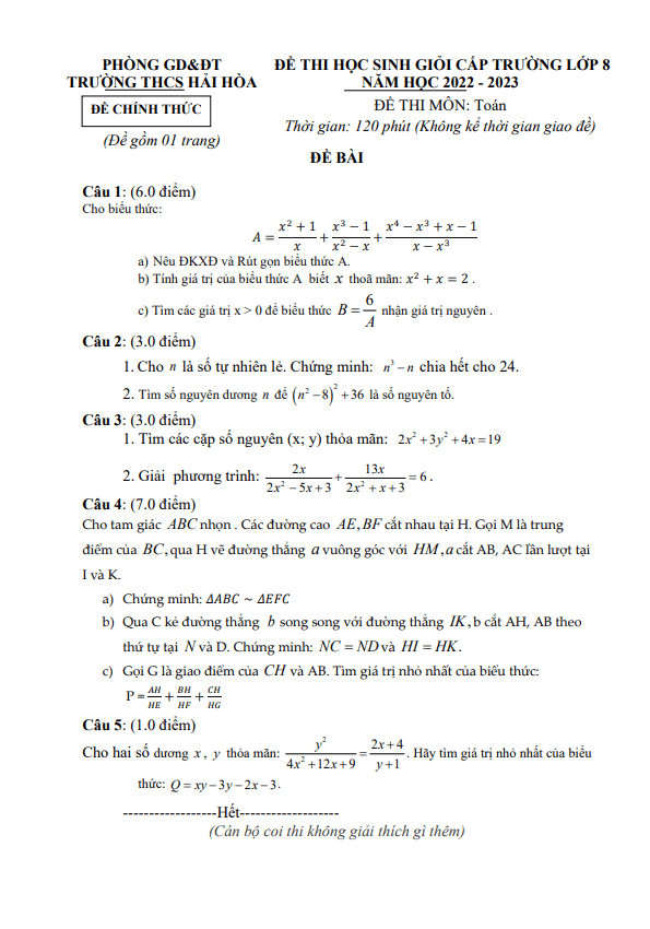 Đề học sinh giỏi lớp 8 môn Toán năm 2022 2023 trường THCS Hải Hòa Nam Định
