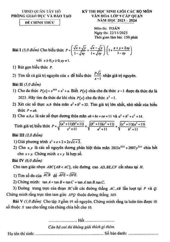 Đề học sinh giỏi lớp 9 môn Toán cấp quận năm 2023 2024 phòng GD ĐT Tây Hồ Hà Nội