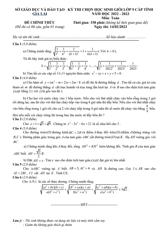 Đề học sinh giỏi lớp 9 môn Toán cấp tỉnh năm 2022 2023 sở GD ĐT Gia Lai