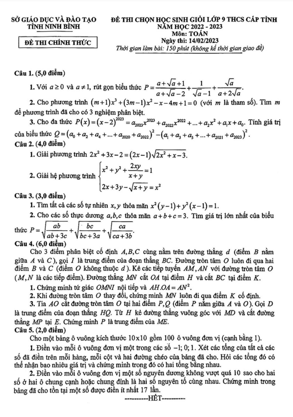Đề học sinh giỏi lớp 9 môn Toán cấp tỉnh năm 2022 2023 sở GD ĐT Ninh Bình